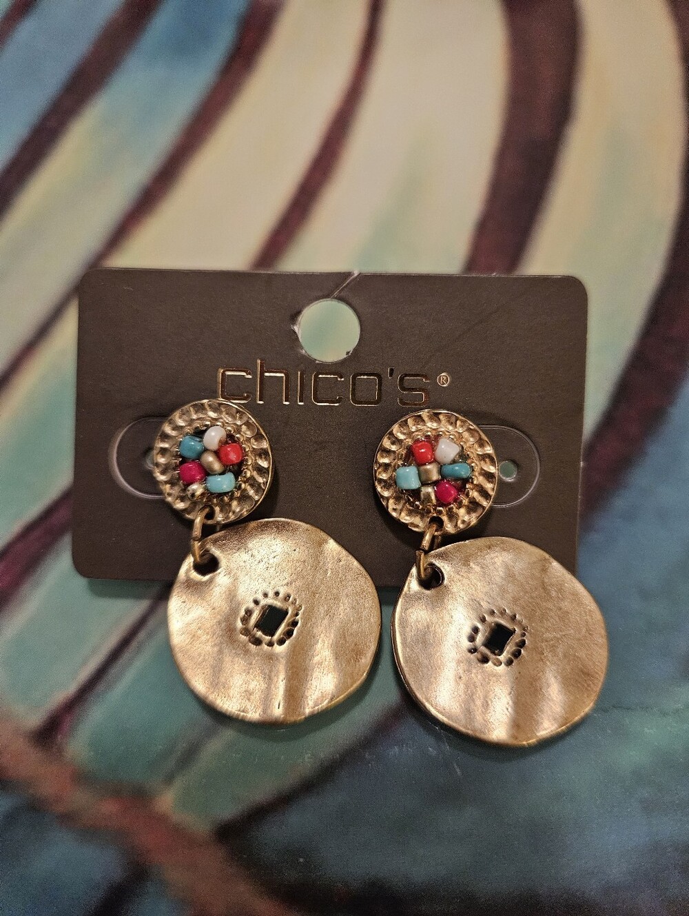1NWT Chico's Faux Turquoise & Red Bead Gold Tone Drop Earrings